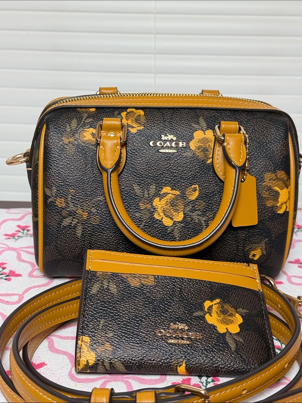 Coach Rowan Mini Brown Floral Print Small Satchel with Mustard Trim - Picture 3 of 6